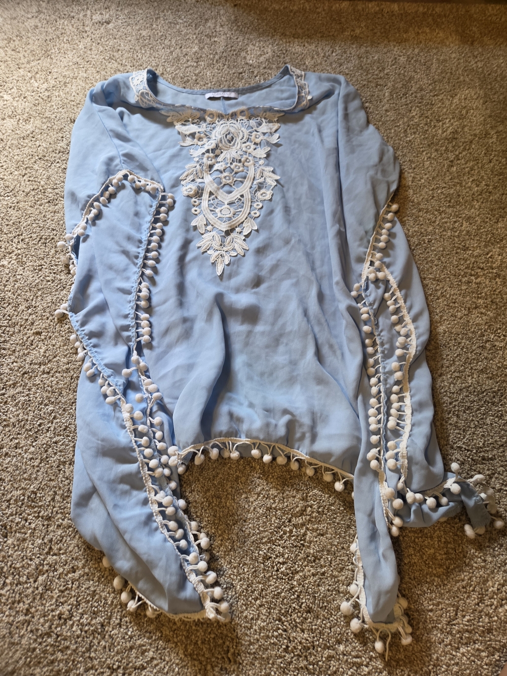Light Blue Pom-Pom Trim Swim Coverup with Lace Detail